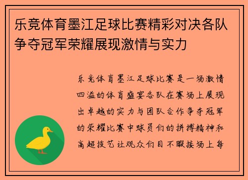 乐竞体育墨江足球比赛精彩对决各队争夺冠军荣耀展现激情与实力